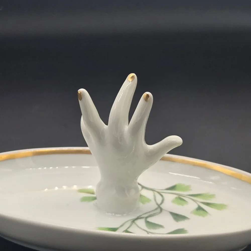 Vintage Porcelain Mini Hand Ring Holder Dish White Gold‎ Trim Made in France 5